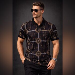 Albertini 3XL Black Gold Greek Key Medusa Print Polo Shirt NWT Stretch Cotton